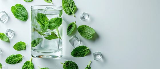 Close shot of a transparent glass cup filled with water ice and meant leaves with a clean backdrop for text a summer refreshment backdrop, Generative AI. - obrazy, fototapety, plakaty