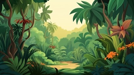 vibrant jungle scene with diverse flora under soft sunlight