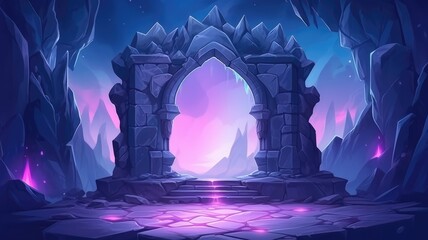 Magic portal in stone frame on mountain at night
