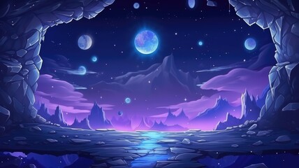 mesmerizing cosmic landscape with floating rocks and a starlit sky, evoking the universe’s infinite beauty - obrazy, fototapety, plakaty