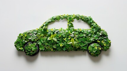 Top view of Eco friendly car made with green leaves in a clean surface with a big space for text or product advertisement, Generative AI.