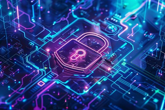 A computer circuit board with a visible lock on it, symbolizing data security and encryption in technology