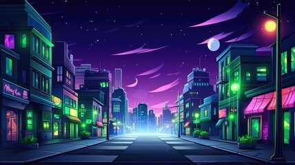 vibrant cityscape at night, aglow with neon lights and a starry sky
