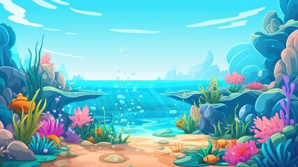 ocean polluted water cleanup, cartoon landscape, - obrazy, fototapety, plakaty