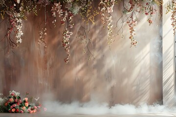 hanging flowers, a beige floor and white smoke in the background. Digital backdrop for photography studio