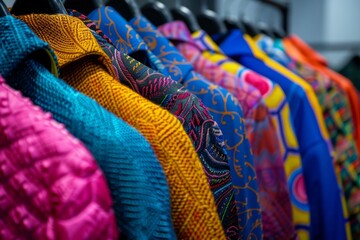 Vibrant Patterned Textiles on Clothes Rack
