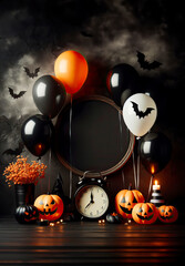 Black background with orange, white, black Halloween balls with decorative pumpkins and candles