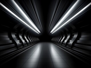 Dark Concrete Tunnel Corridor with Illuminating White LED Lights in Minimalist Futuristic Architectural Design