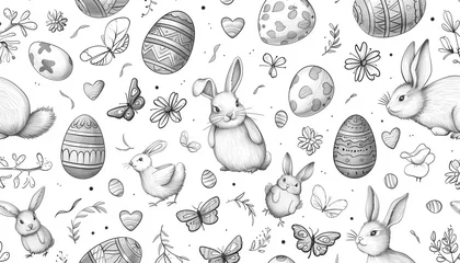 Fotobehang A charming, hand-drawn pattern background with a playful Easter theme. This design showcases a collection of illustrated elements in a soft, earth-toned color palette. The repeated imagery  © Aleksandra