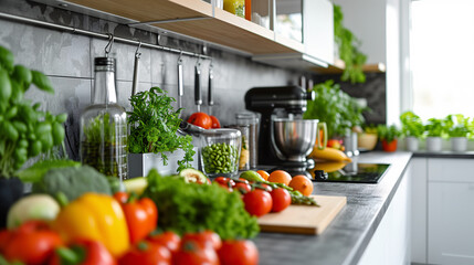 A modern and organized kitchen with fresh produce, juicers, and healthy cooking appliances