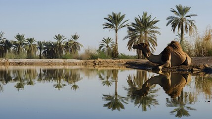Fototapeta na wymiar 砂漠のオアシスで休むラクダ