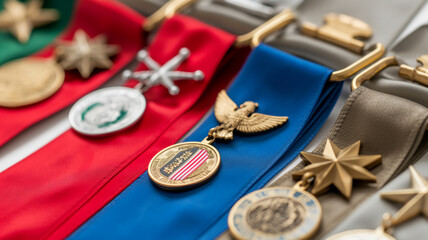 Assorted military medals displayed on ribbons, symbolizing honor and service. - obrazy, fototapety, plakaty