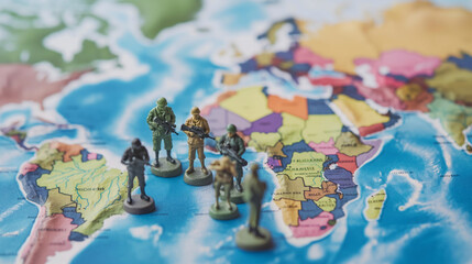 Toy soldiers positioned on a map, symbolizing military strategy or global conflicts.