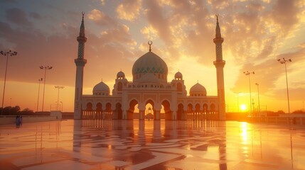 Naklejka premium Sunset paints the sky with warm hues above an elegant mosque, reflecting in the polished courtyard during Eid celebrations
