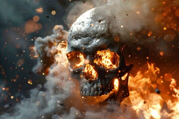 Explosive and Enigmatic Skull Eruption:A Dramatic 3D Visual of Fiery Destruction and Powerful Surreal Imagery