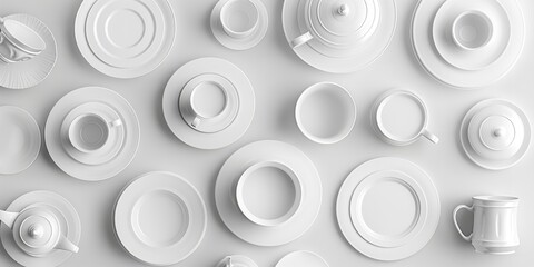 White food setting notion for a cafe or restaurant's menu deploying white plates a 3D replica of coffee cups and saucers over a white setting and space, Generative AI.