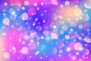 Pink and blue starry sky. Cute unicorn galaxy background with glitter and bokeh texture. Purple vector wallpaper with fairy sparkles. Holographic abstract shiny space. Lilac gradient landscape.