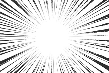 Speed lines in frame for manga comics book. Radial motion background. Monochrome explosion and flash glow. Vector concentric textured illustration