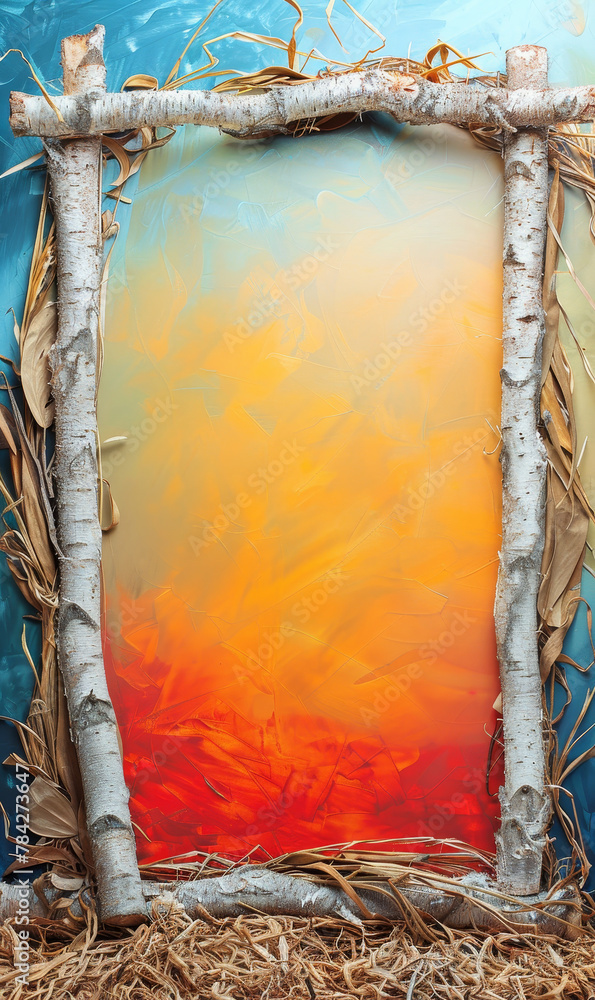 Wall mural Close-up of birch trees forming a frame with vibrant autumnal orange backdrop.