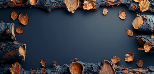 Fotobehang Dark circular frame surrounded by stacked wooden logs. © Jan