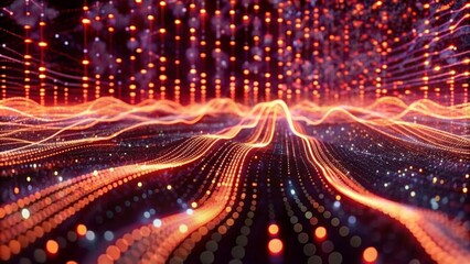 Digital data stream background with binary code and glowing lights