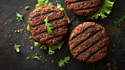 Obraz premium Scrumptious Vegetarian Temptation: Appetizing Top-Down Product Photography of Lentil Patty Vegetarian Burgers