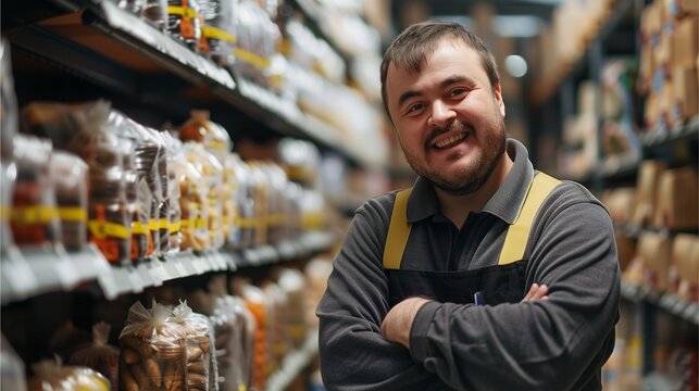Smiling autistic worker symbolizing empowerment and ability, autistic worker in warehouse job diversity inclusion, happy warehouse worker smiling retail business lifestyle