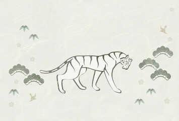 歩く白い虎　松　竹　小鳥　和紙背景　和風・和モダン　