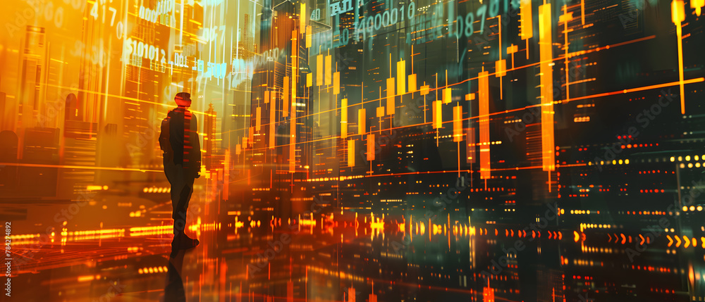 Poster abstract background people standing and watching on the scene of the technical graph investment conc