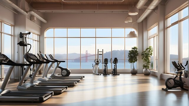 {A photorealistic image of a gym interior designed with modern equipment and overlooking a stunning view of the Golden Gate Bridge. The gym should be depicted with realistic lighting, showcasing the e