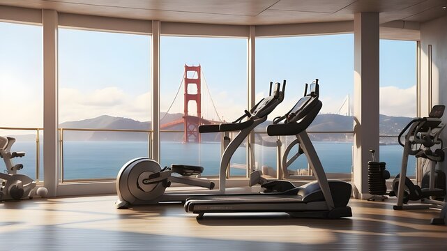 {A photorealistic image of a gym interior designed with modern equipment and overlooking a stunning view of the Golden Gate Bridge. The gym should be depicted with realistic lighting, showcasing the e