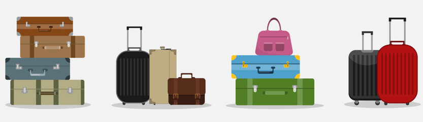 Tourist luggage, traveler suitcase set. Vector, design illustration. Vector.