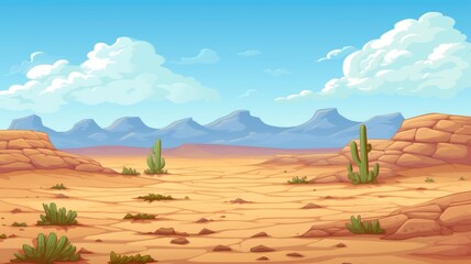 desert landscape with cacti and mountains under a blue sky with fluffy clouds