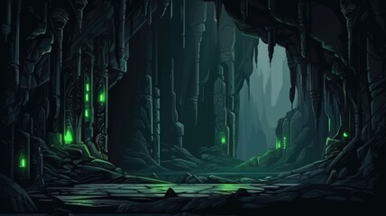 Mystical underground cavern with haunting green glow and ancient structures