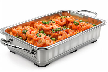 A silver tray with shrimp and peas on it