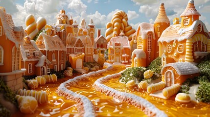 Whimsical Caramel Island: A Confectionery Landscape of Caramel Buildings and Candy Streets