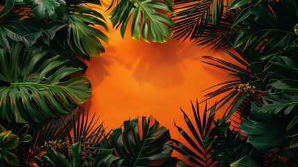 Fototapeta na wymiar A lush frame of vibrant tropical leaves and bright orange flowers encircles a warm sunset-colored background, evoking a sense of exotic beauty and tranquility.
