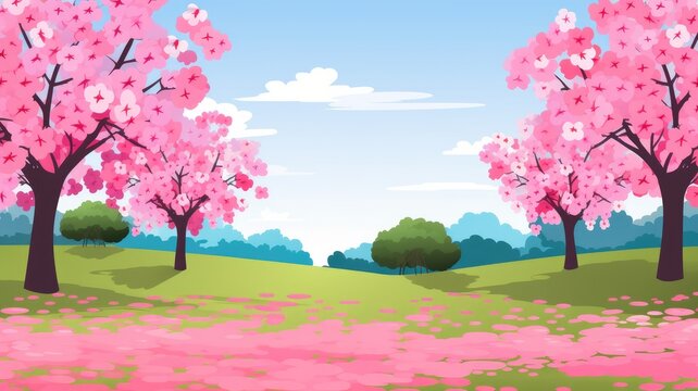 Sakura tree with pink flowers in garden or park with green grass and trees