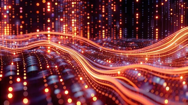 Digital data stream background with binary code and glowing lights