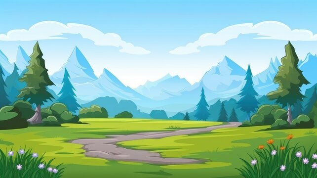 Enchanting Forest Pathway, Vibrant Cartoon Nature Scene