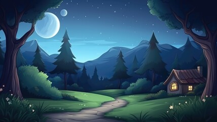 Fototapeta premium Enchanting Moonlit Night: Cozy Cottage Amidst Lush Greenery