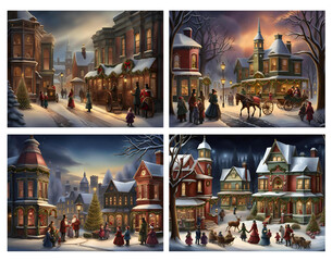 4 Vintage Victorian Town Illustrations at Christmas on Transparent Background - generative AI