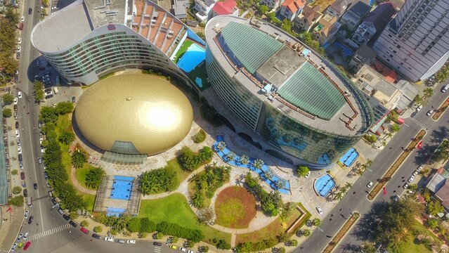 VUNG TAU, VIETNAM, SEP 24 2022 - Drone View of Pullman luxury hotel in Vung Tau. The hotel was designed by maverick, iconoclast and visionary architect.