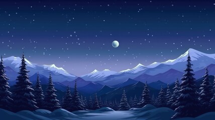 Starry Night Over Snow-Capped Mountains and Pine Forest