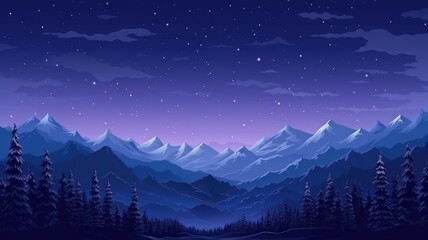 Starry Night Over Snow-Capped Mountains and Pine Forest