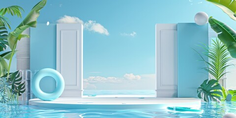 Aqua oasis with raft and life preserver, perfect for leisure under azure sky - obrazy, fototapety, plakaty