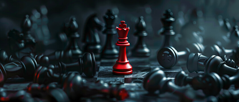 Contrast of a red pawn amidst toppled chess kings, symbolizing the underdogs victory