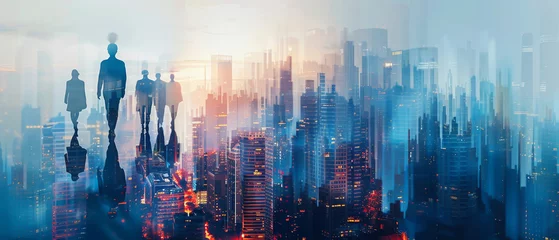 Fotobehang Corporate figures merged with cityscape, showcasing leadership and metropolitan success , realistic, hyper resolution, ultra clar © thowithun