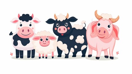 Obraz premium A group of cute cartoon farm animals depicted in a vector illustration on a white background, featuring a charming style with simple lines.