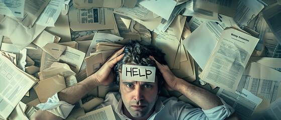 Desperate for assistance, man buried in paperwork, HELP note on forehead, a cry for organizational tools , realistic, hyper resolution, ultra clar - obrazy, fototapety, plakaty